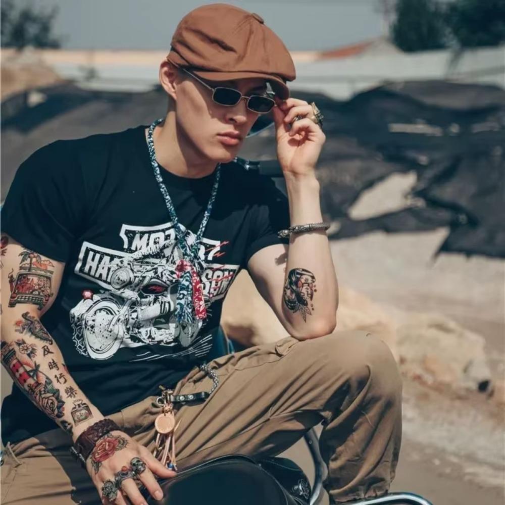 Top Motorcycle Streetwear Print T Shirt For Men Goth Grunge Man Tee Shirts Anime Clothing Quick-drying Chic Korean Style Loose