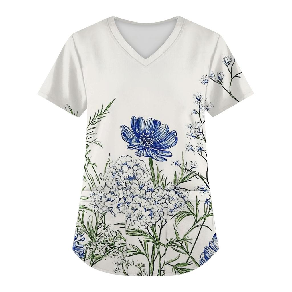 Женская мода с коротким рукавом и V-образным вырезом с карманами и цветочным принтом Топы Одежда