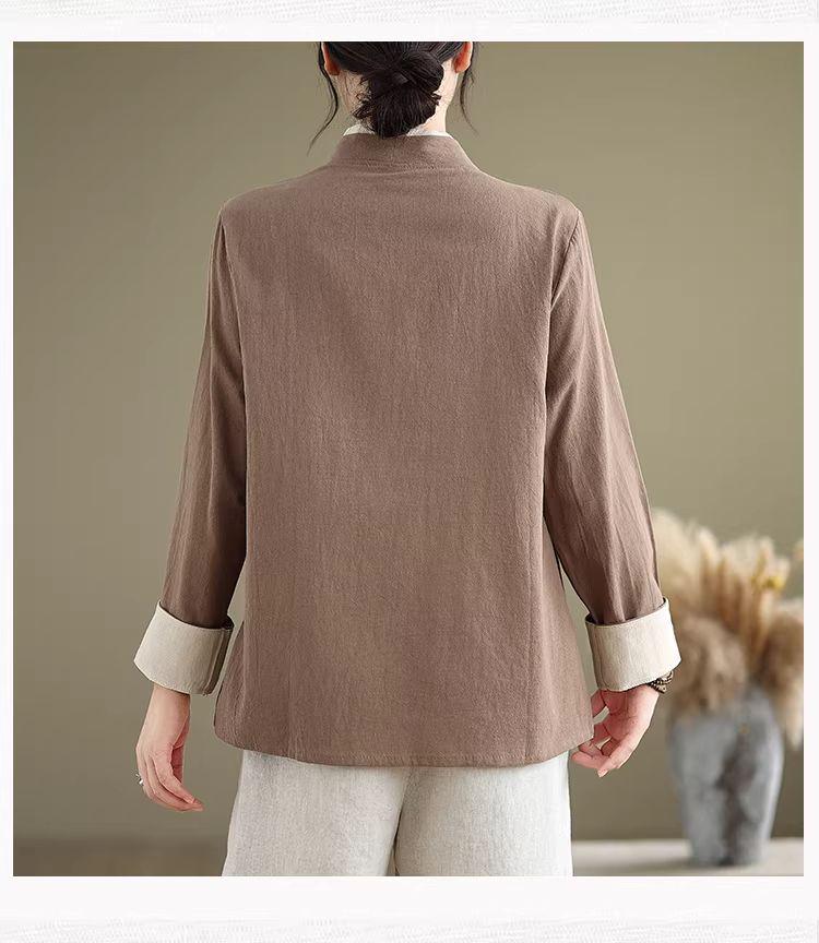 Хлопково-льняная рубашка в стиле Дзен для полных: Ретро в китайском стиле с косым воротником и завязками