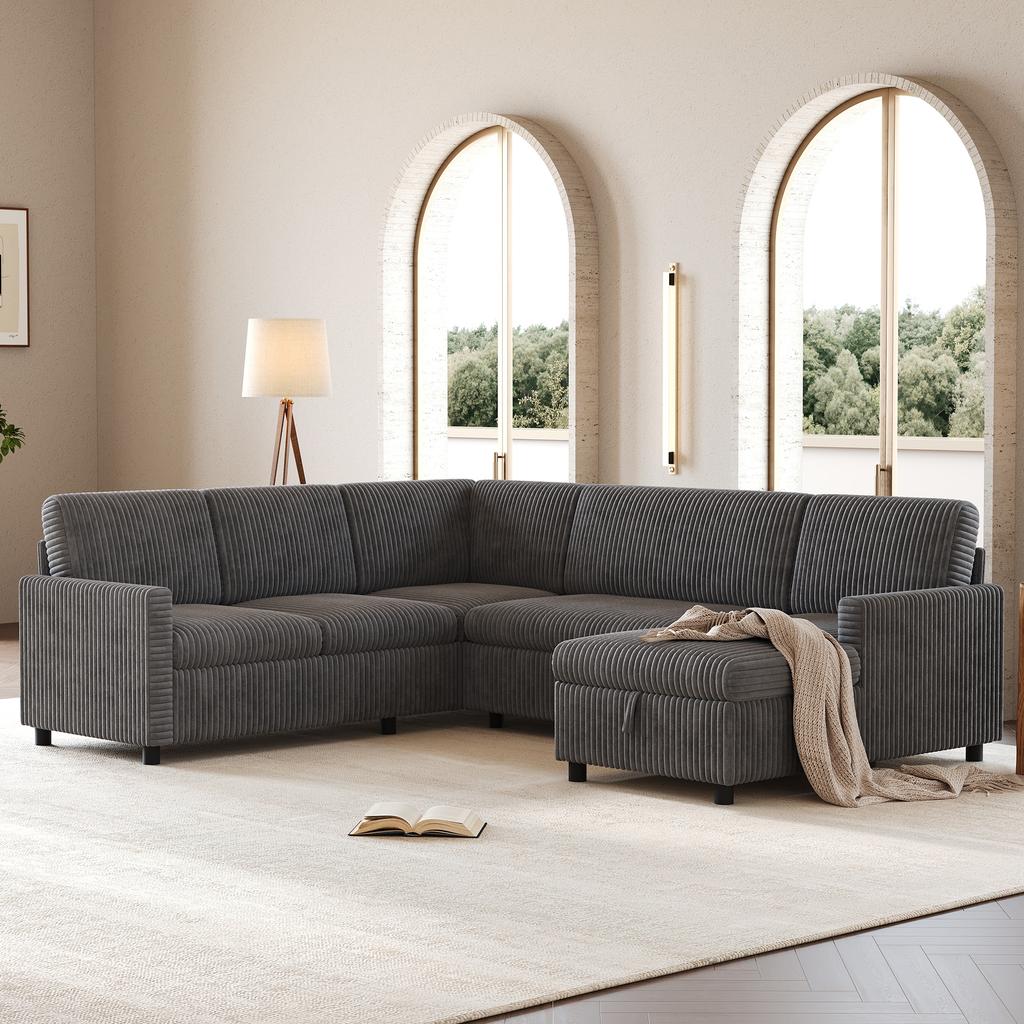 Modern U-Shaped Corner Sleeper Sofa with Sleep Function, Pull-Out Sofa Bed, Coarse Corduroy Fabric, Chaise Longue with Storage, Gray, 220×274×85 cm