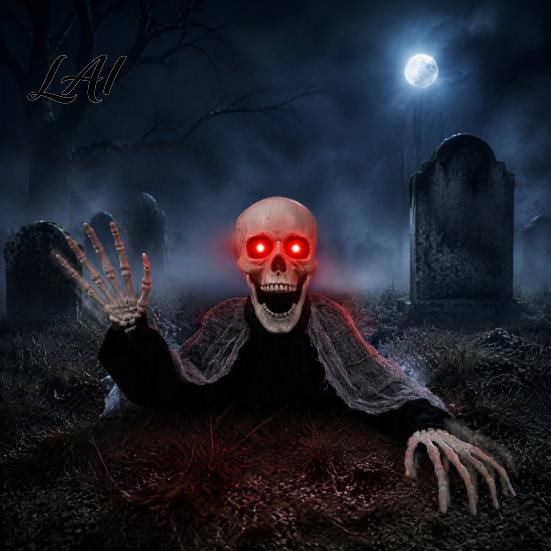Gothic Garden Accents Halloween Breaking Ground Skeleton Giant Glowing Skull Yard Prop with Animated Skeleton Arms Poseable Arms Outdoor Lawn