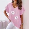 Summer Shirts Women Fashion Plant Flower Print V-neck Cotton Linen Casual Bat Short Sleeved T-shirt Women