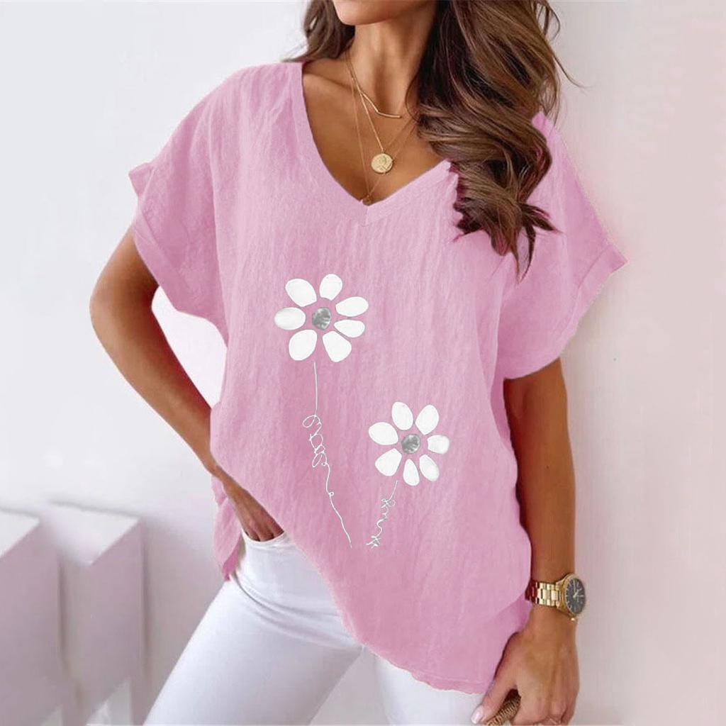 Summer Shirts Women Fashion Plant Flower Print V-neck Cotton Linen Casual Bat Short Sleeved T-shirt Women