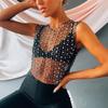 Sexy See Through Hot Drill Pearl Beach Cover Up Women Mesh Transparent Sleeveless Tank Tops Hot Girls Clubwear Sexy Vacation Party Crop Top Ladies