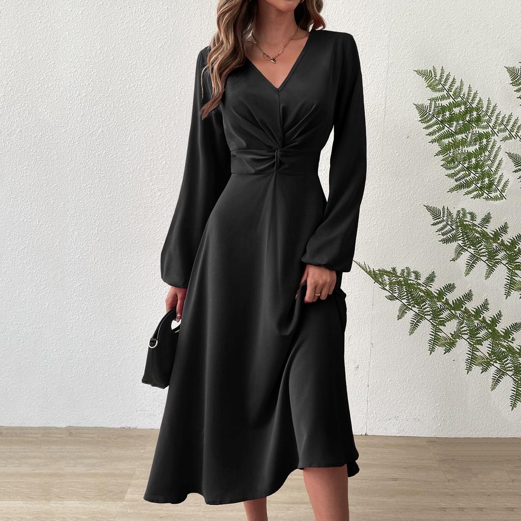 Женское модное повседневное однотонное платье с V-образным вырезом и перекрученными длинными рукавами