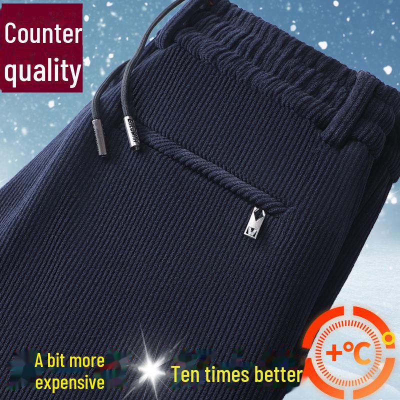 Мужские деловые брюки осень/зима из вельвета с эластичной резинкой на талии — плотные, теплые, плюс бархат, прямого кроя