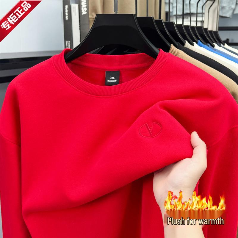 High-End Men's Royal Blue Embroidered Sweatshirt, Round Neck, Velvet-Lined for Autumn/Winter Warmth