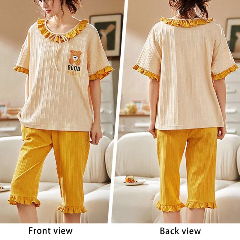 Capris Short Sleeved Pajamas for Women In Summer Cotton Cartoon Cute Casual Home Clothing Set