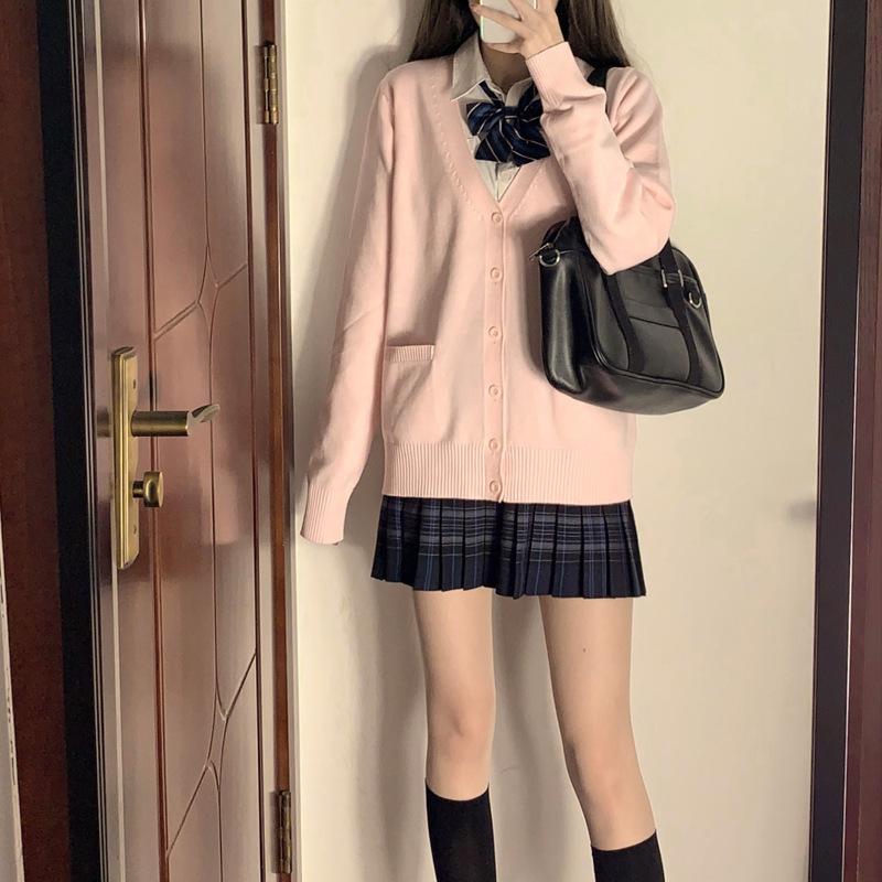 Весенне-осенний трикотажный свитер JK однотонный с V-образным вырезом, кардиган-топ для JK-униформы, женский хлопковый свитер