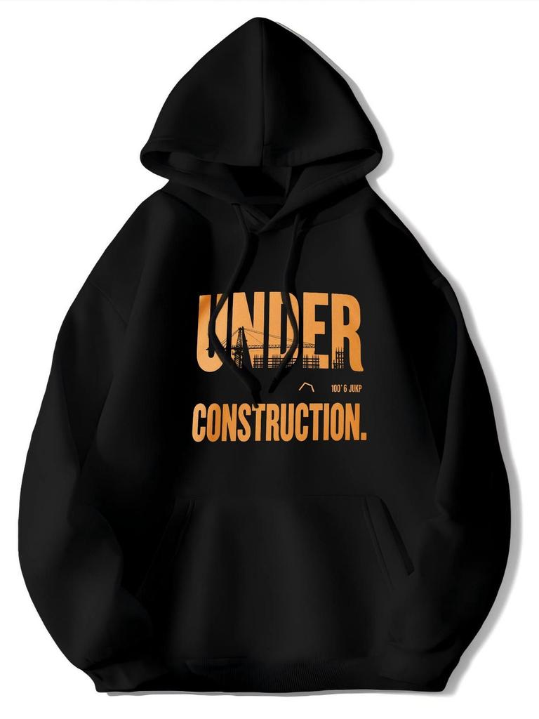 Men'S And Women'S Black Hoodie with Under Construction Print - Oversized Kangaroo Pocket Loose Fit All-Season Sweatshirt Soft Brea