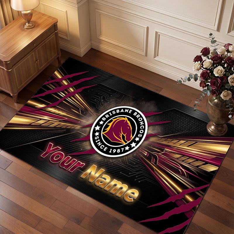 Brisbane Broncos Personalized Crystal Velvet Carpet, Customized Name Text Soft Anti‑Slip Rug for Living Room Bedroom
