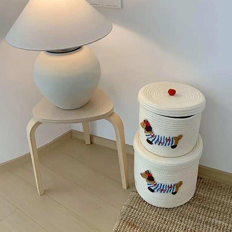 Милая корзина для хранения щенков Плетеная рама из хлопковой веревки Большая вместимость С крышкой Пылезащитное ведро для хранения Настольный пылезащитный