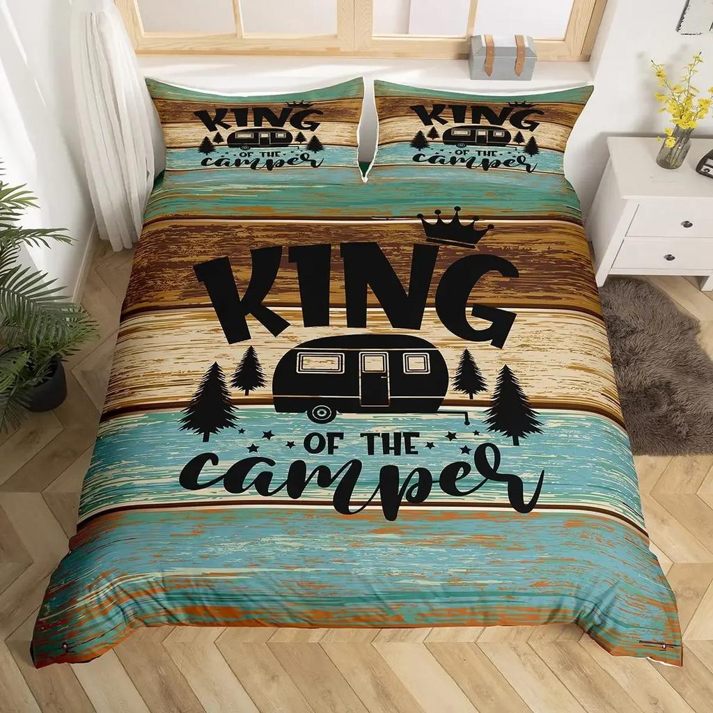 Rustic Farmhouse Style Duvet Cover Set 2/3 Pcs Old Barn Door Comforter Cover Happy Camper Print Black Sketch Drawing Quilt Cover