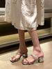 Fashion Fashion Women Slippers Mules Shoes Thick Mid Heels Rhinestone Design Summer Outside Mules Shoes Slip On Sexy Silver White Pumps