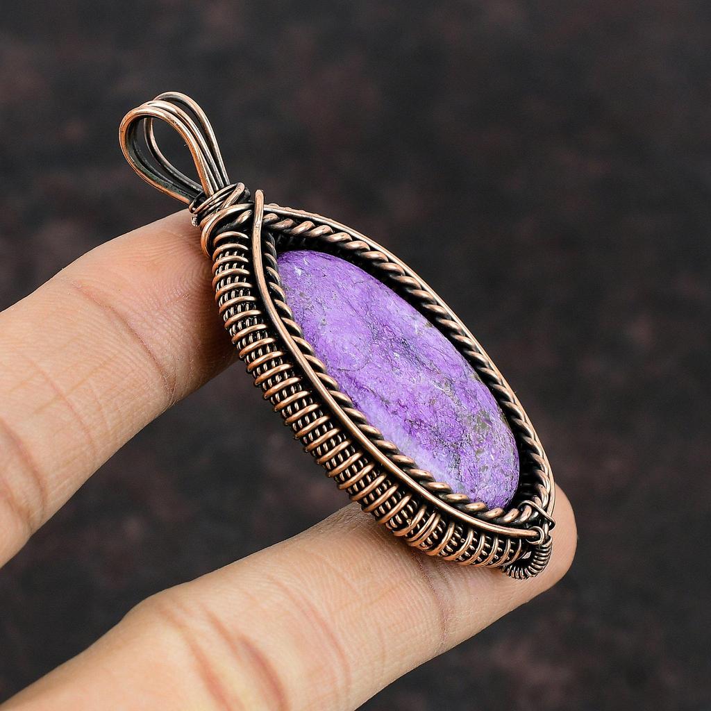 Подвеска из драгоценного камня пурпурит, подвеска из медной проволоки, подвеска ручной работы, дизайнерское украшение из меди, подарок для матери, ювелирные изделия из проволоки пурпурит