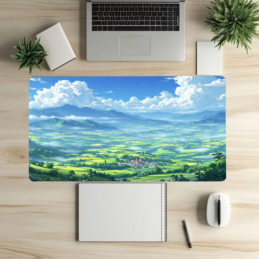Anime Scenery Gaming Mouse Pad 90x40cm HD Printing Cartoon Green Mountain Non-Slip Rubber Desk Mat with Locking Edge for Office