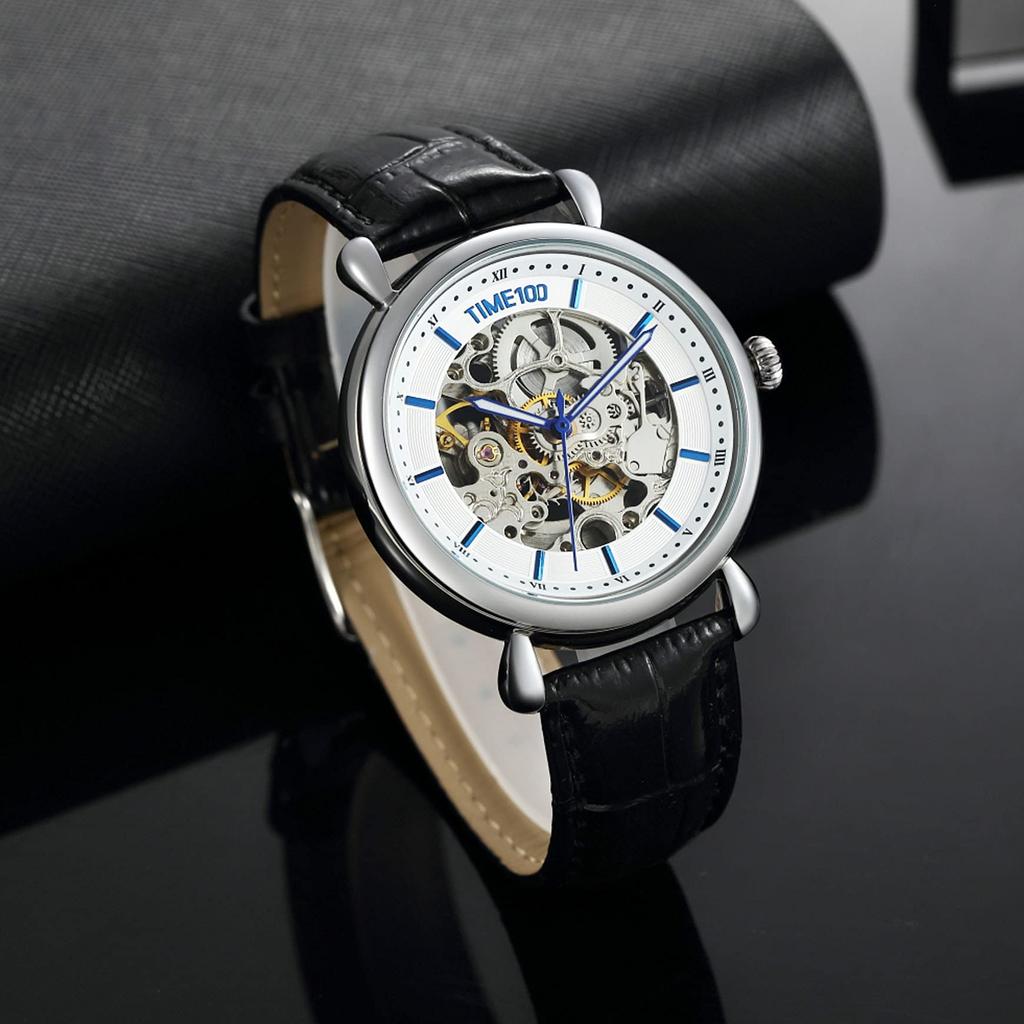 Time100 Популярная молодежная серия часов Механические часы с автоподзаводом Коллекция Time100 День Студенческая мода Черный кожаный ремень Водонепроницаемые взрослые офисные