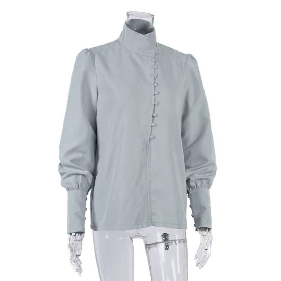 Women Shirt Long Sleeve Stand-Up Collar Regular Fit Casual Shirt Buttons Half Placket Pure Color Office Lady