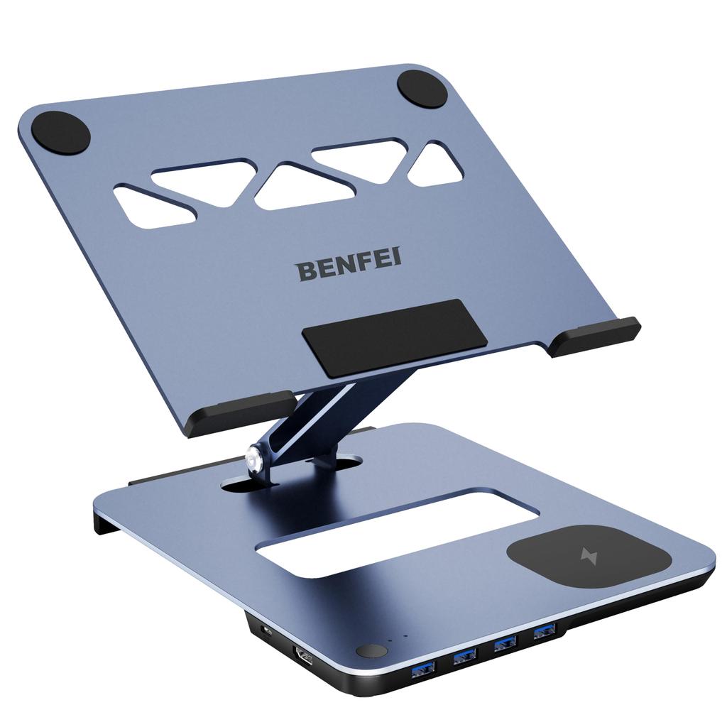 BENFEI 6-в-1 Складная подставка для ноутбука с док-станцией USB-C и магнитной беспроводной зарядкой (15W), Зарядка PD100W, HDMI 4K@60Hz, 4 x USB3.0, Функция переключения KVM