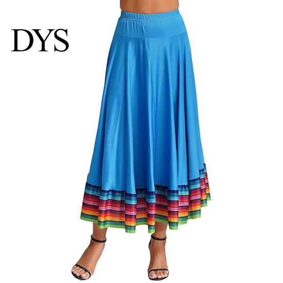 Large Swing Hem Skirt Maxi Ladies Folk Dance Elastic Waist Spanish Women Wide Rainbow Mexican Flamenco Performance Colorful Bottom