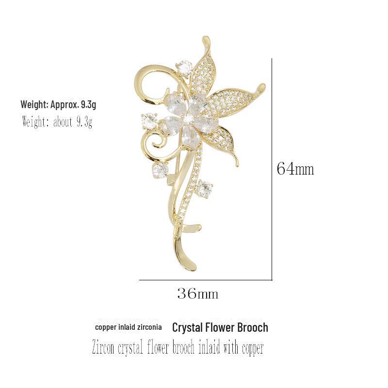 Korean Zircon Flower Brooch: Elegant Copper Inlaid Pin for Coats and Suits