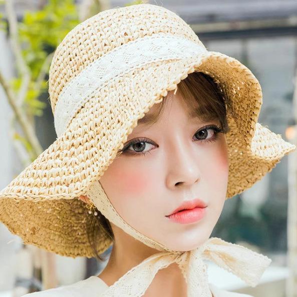 Sun hat children summer lace-up straw hat chic small fresh hand-woven summer beach hat