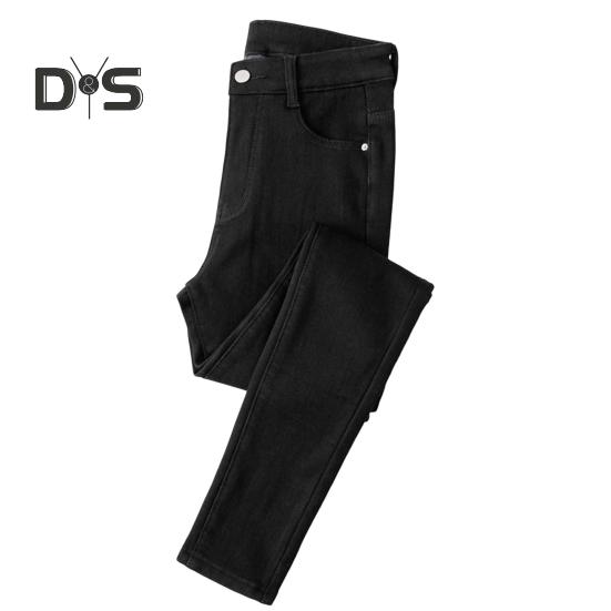 Women Winter Plush Jeans High Waist Thick Velvet Lined Slim Fit Pencil Pants Button Zipper Closure Pockets Straight Leg Trousers for Street to Party