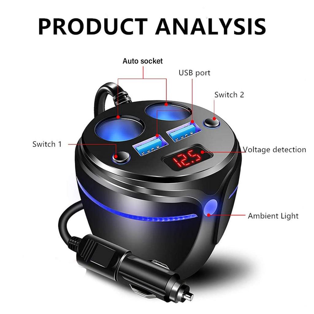 Auto Socket Lighter Adapter,Car Charger 2 USB QC and 2 Socket Cup Shape Auto Socket Lighter Splitter with LED Voltage Display Atmosphere Dual On/Off