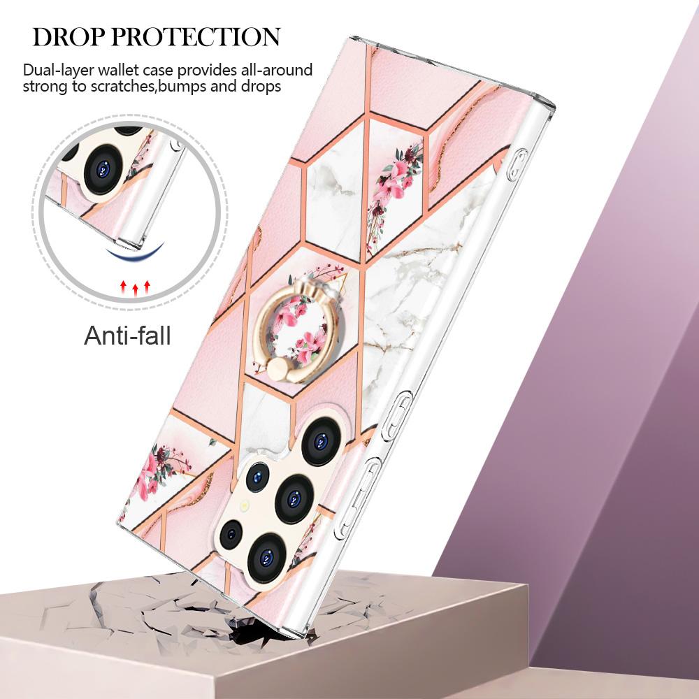 Ультратонкий чехол для телефона IMD с кольцом-держателем и золотистой окантовкой и мраморным цветком для Samsung Galaxy S20, S21, S22, S23, S24, A11, A13, A14, A23, A34, A54, A53, A73, A33...