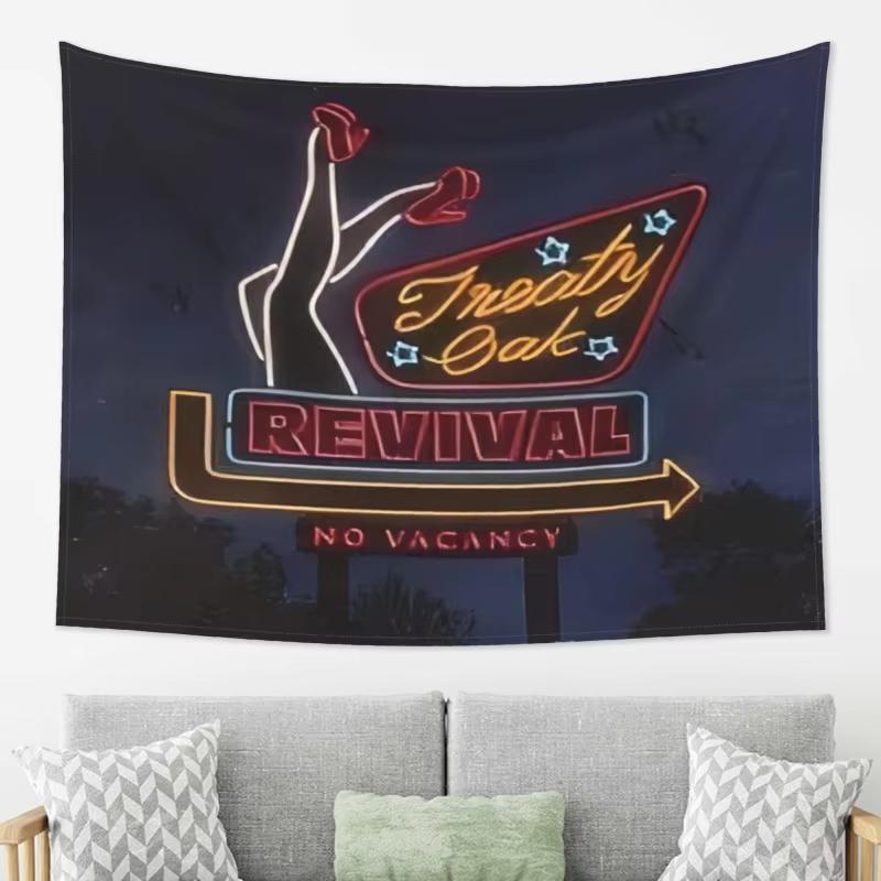 Treaty Oak Revival Neon Retro Tapestry Vintage American Motel Style Wall Hanging for Country Rock Music Fans Bedroom Decor