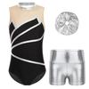 Girls Sports Set Sleeveless Patchwork Keyhole Back Leotard Metallic Shorts Hair Band Gymnastics Workout
