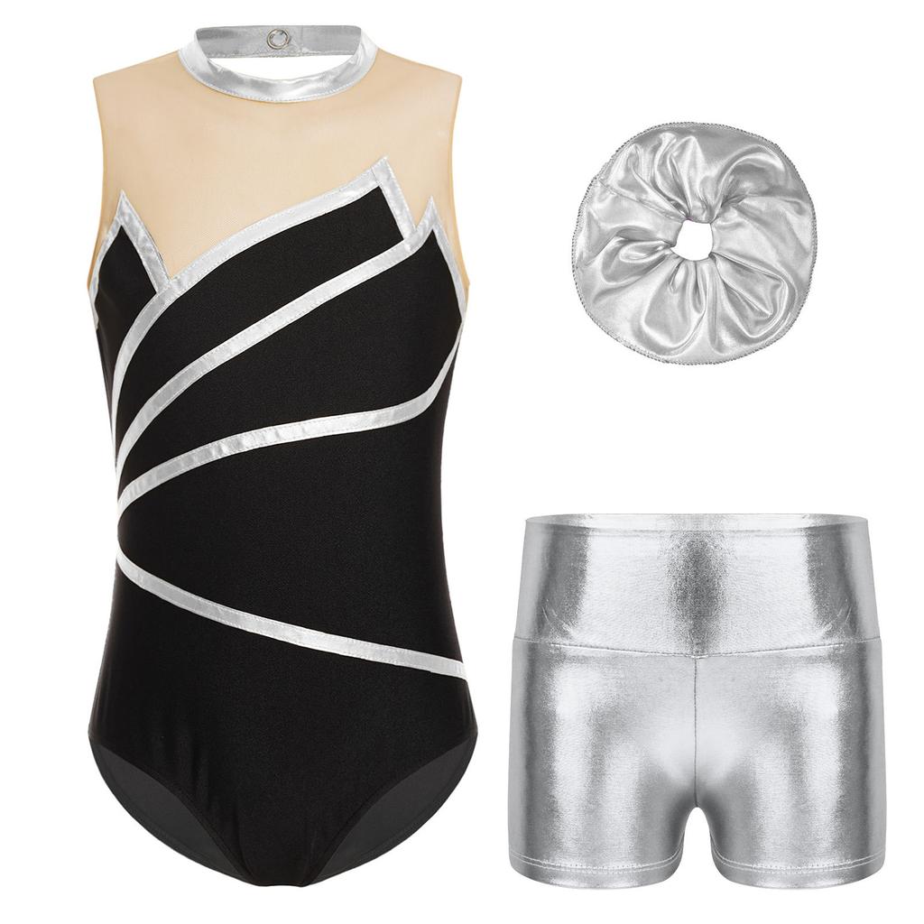 Girls Sports Set Sleeveless Patchwork Keyhole Back Leotard Metallic Shorts Hair Band Gymnastics Workout