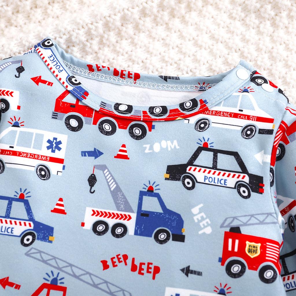 Newborn Baby Boy Cartoon Vehicle Print Long Sleeve Romper