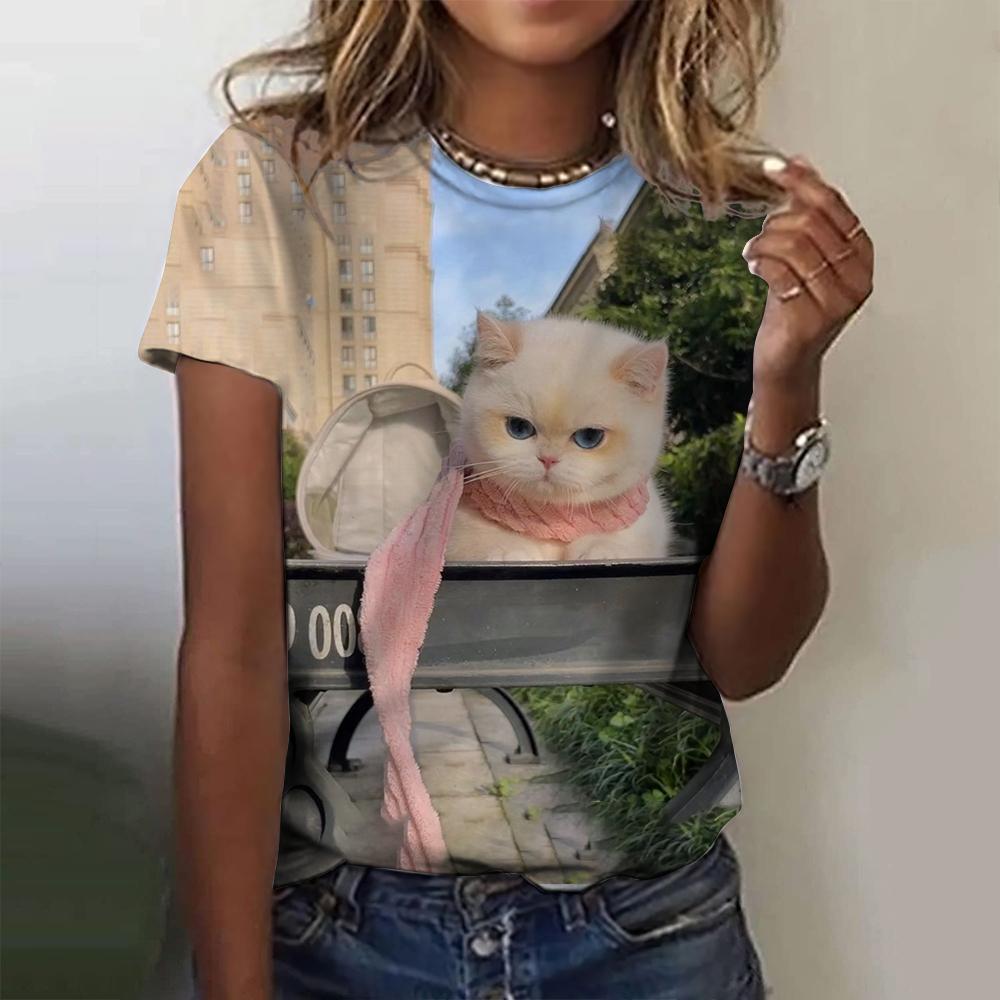 Популярная женская футболка с 3D-принтом, кошка, летняя мода, короткий рукав, круглый вырез, уличная одежда, повседневный топ в стиле Харадзюку