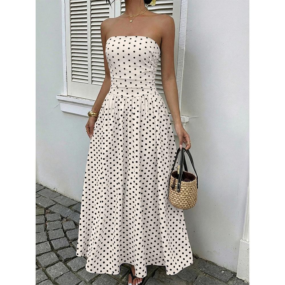 Womens Polka Dots Strapless Summer Dresses, Elastic Back Smocked Beach Vacation Outfits Vintage Elegant Maxi Dress