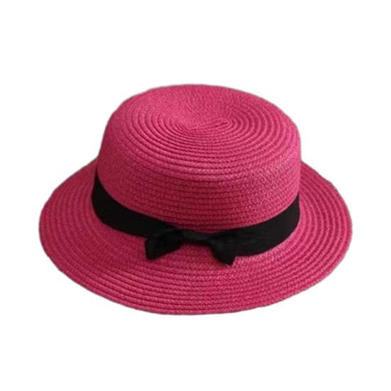 Beach Straw Hat Flat Top Wide Brim Sun Protection Hat with Black Ribbon Bow Hand-Woven Breathable