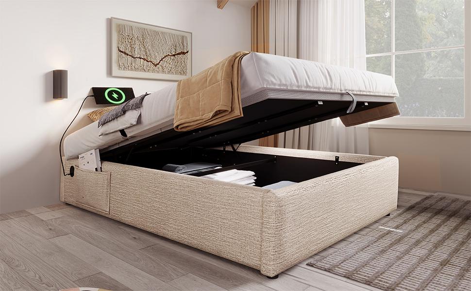 (=AB20843839N)Upholstered Bed Double Bed 160x200 cm, Storage Bed Frame with USB-C and Full-Surface Slatted Frame, Without Headboard, Linen, Natural