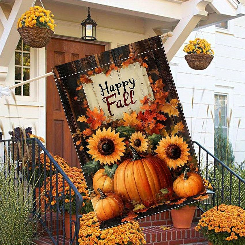 2D Flat, 2D Flat,Autumn Thanksgiving Garden Flag - Joyful Seasonal Decor, Double-Sided Polyester Banner with Maple Leaves, Sunflowers & Pumpkins, Fit