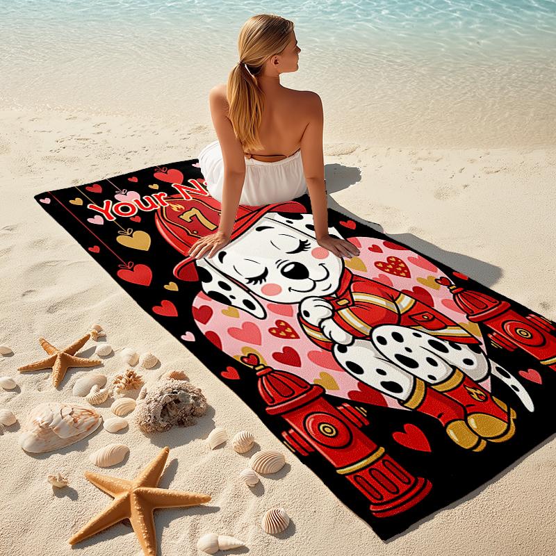 1PC Custom Name Firefighter Puppy Love Beach Towel Highly Absorbent And Sand-Resistant Towel for Swimming, Pool, Yoga, And Travel Lightweight