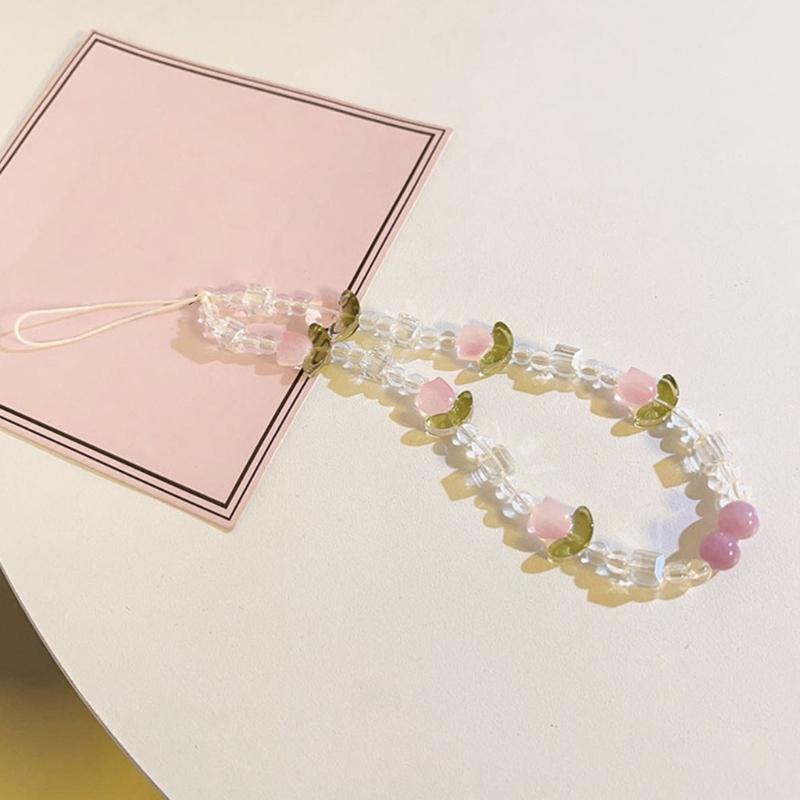 Colorful Floral Bead Phone Lanyard Pearls Wristlet Charm Strap Flower Phone Charm Strap Portable Chain for Smartphones