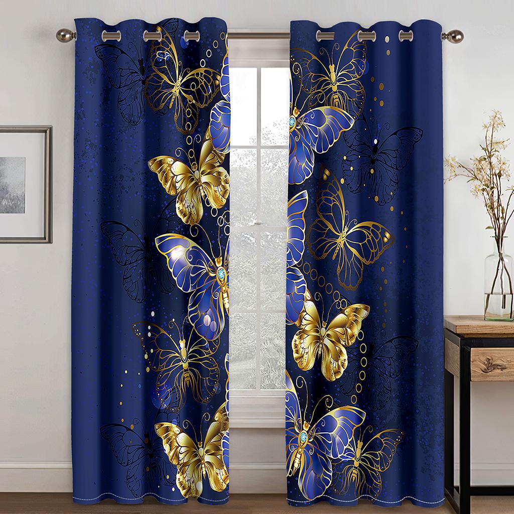 Голубая бабочка с золотым фоном, принт, шторы, 2 панели, современное искусство, яркие шторы с бабочками, гостиная, спальня, балкон, декор