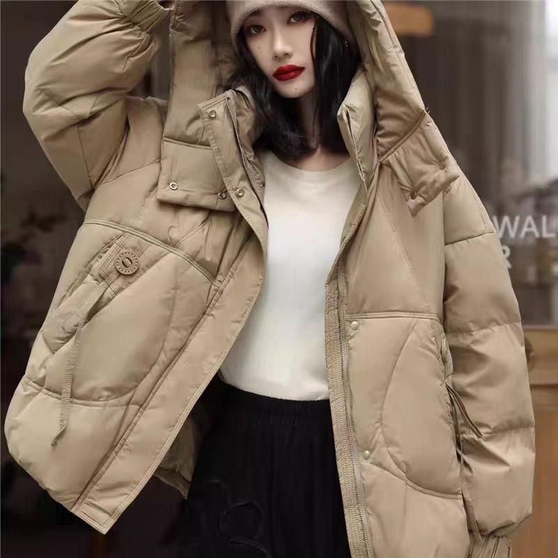 Womens Short Puffer Jacket With Hood White Duck Down Warm Loose Fit Winter Coat Daily Wear