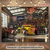 2D flat 1pc hot pole garage banner background - Vibrant yellow and red cars with the American flag, suitable for garages