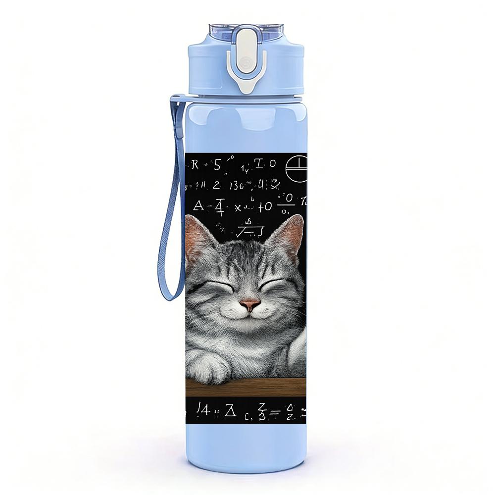 1PC Grey Cat Blackboard Scene 750ml Color Plastic Sports Water Bottle Leakproof Flip Straw Lid For Sports Office Home Use