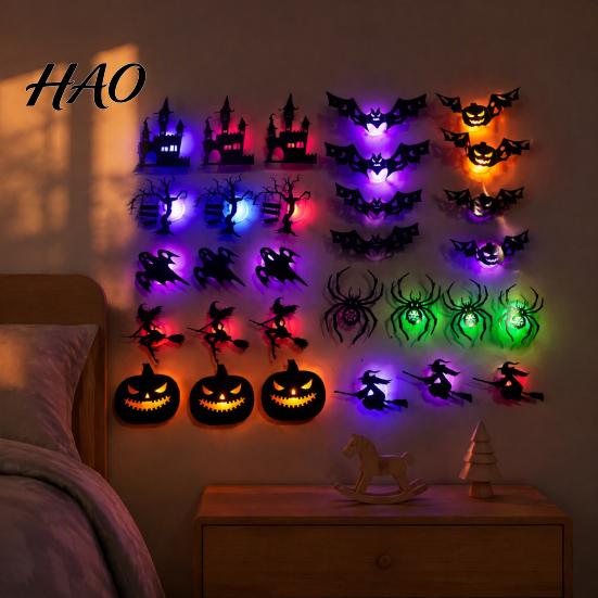 Wall Decor with LED Light 30Pcs Halloween Light, Glowing Bat Ghost itch Spider Silhouette Decoration Decoration, Spooky Light-Up Window Sticker