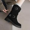 Cow Suede Nubuck Winter Round Toe Western Boots Med Heels Metal Buckle Women British School Mid-calf Boots
