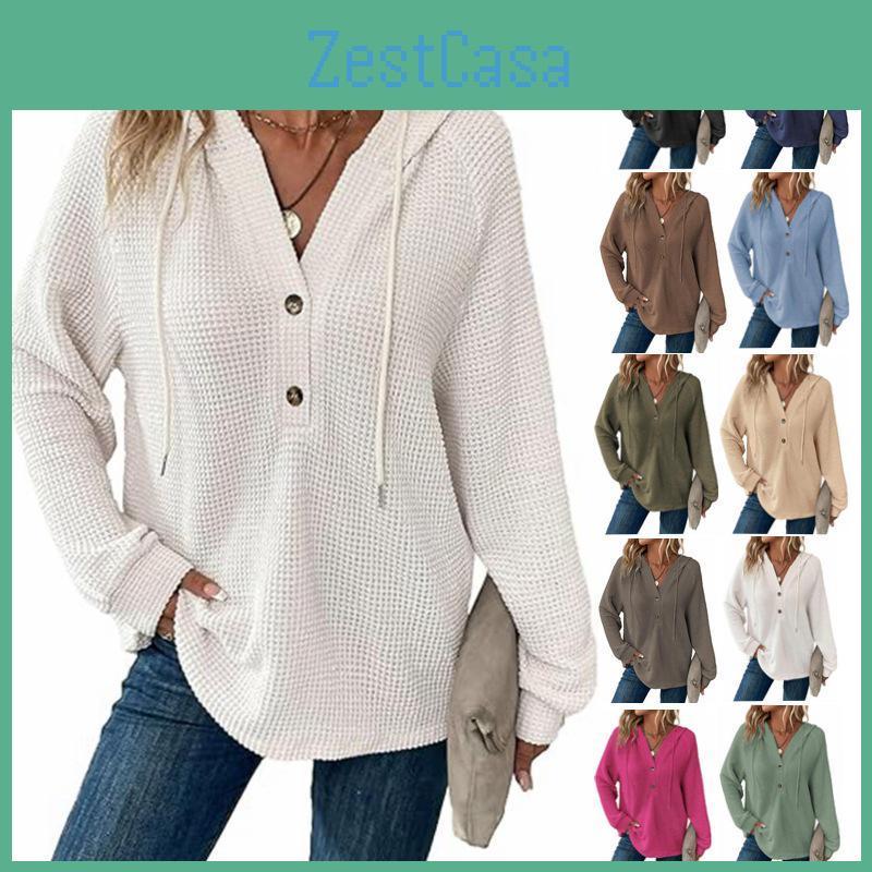 Knit Waffle Drawstring Vneck Womens Button Long Sleeve Hoodie