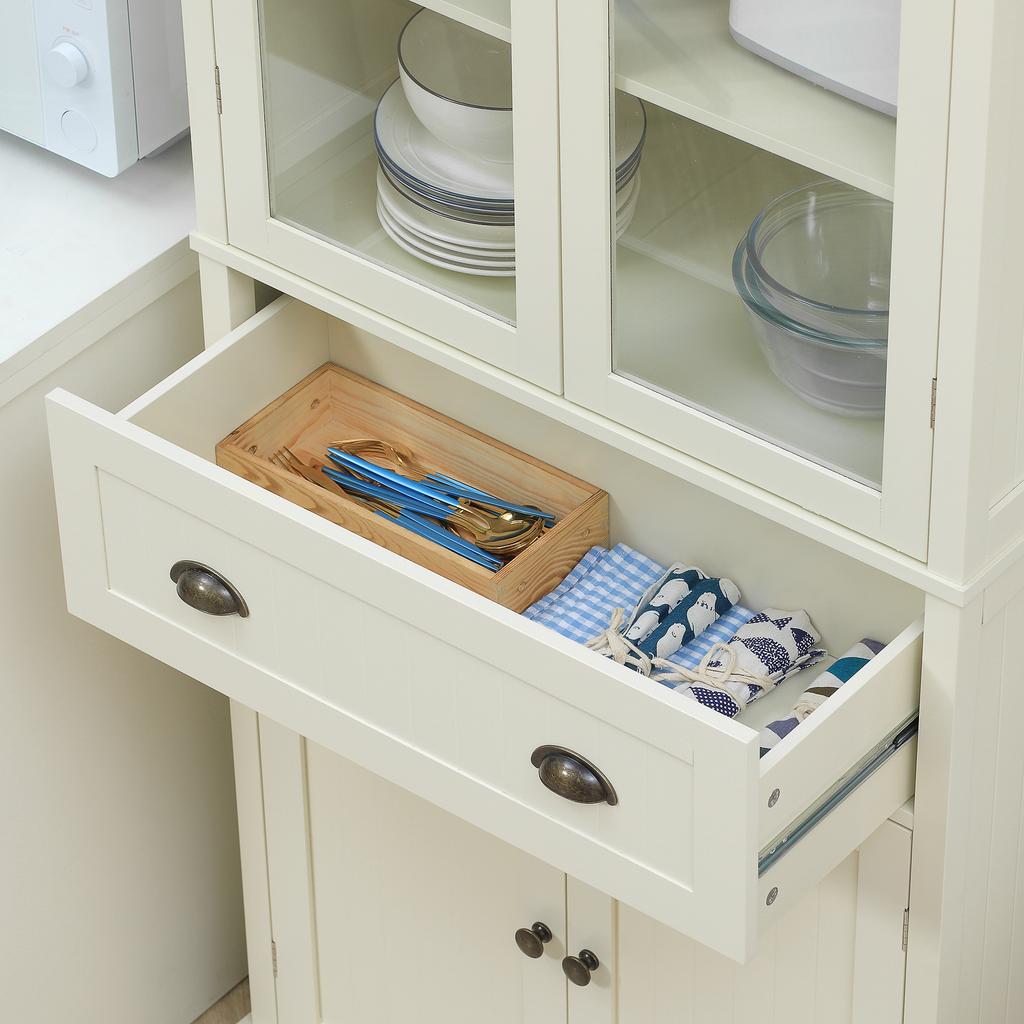 Sideboard Kitchen Storage Unit Kitchen Cabinet 4 Doors Including 2 Glass Doors and 1 Drawer Height 182.5 cm with Adjustable Shelves - Beige