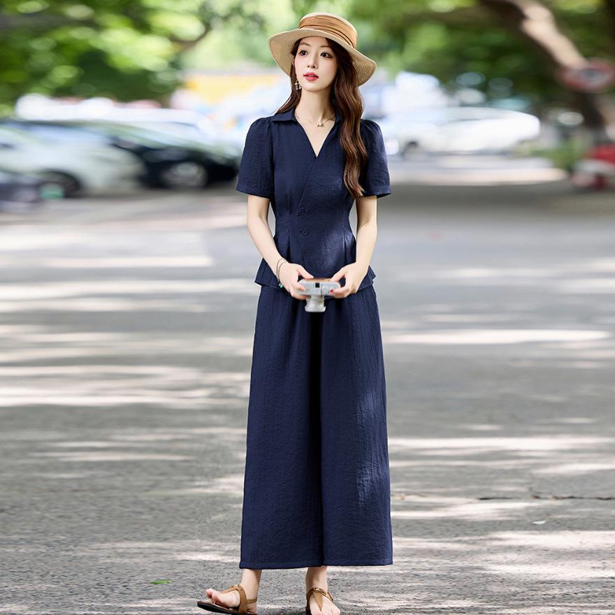 Дизайнерский модный костюм женский новый темперамент талия тонкая рубашка с коротким рукавом брюки клеш комплект из двух предметов