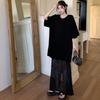 2025 Summer Plus Size Dress Women Vintage Dress Basic Long Lace Spliced Elegant Loose Casual Black Dress